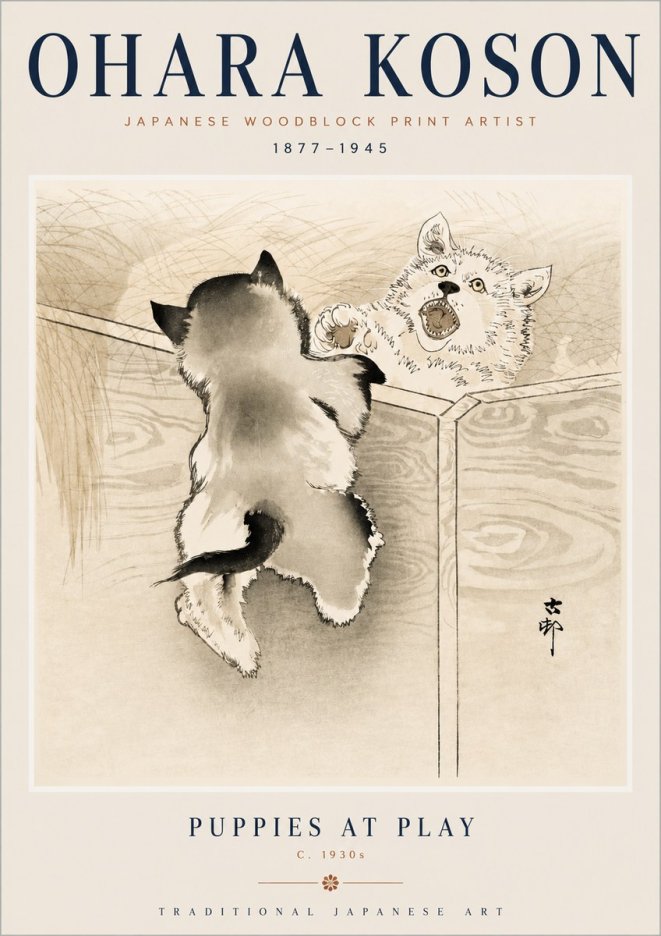 Ohara Koson Puppies at Play No3 - Póster