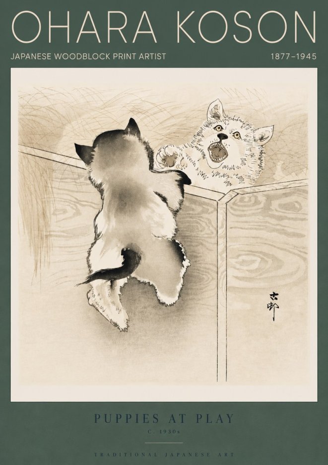 Ohara Koson Puppies at Play No4 - Póster
