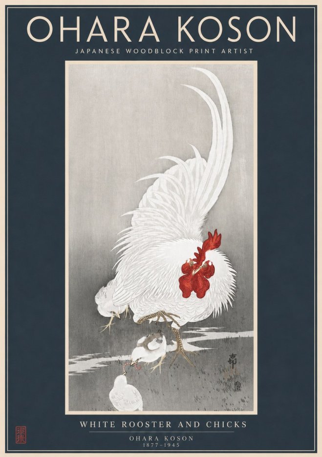 Ohara Koson White Rooster and Chicks No2 - Póster