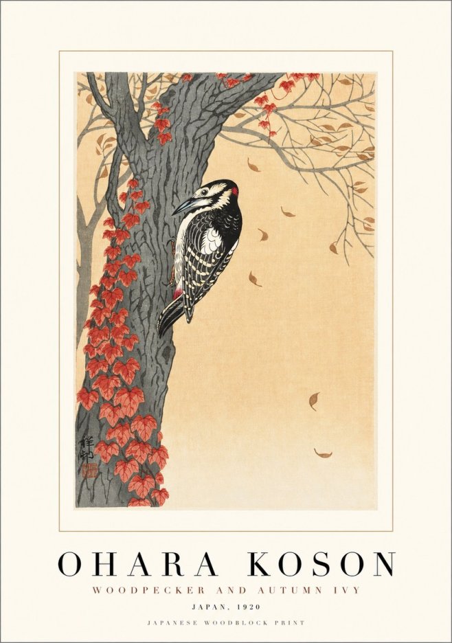 Ohara Koson Woodpecker and Autumn Ivy No1 - Póster