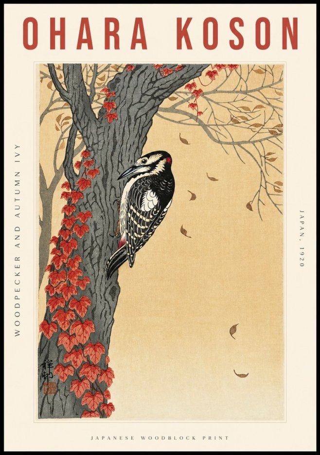 Ohara Koson Woodpecker and Autumn Ivy No2 - Póster