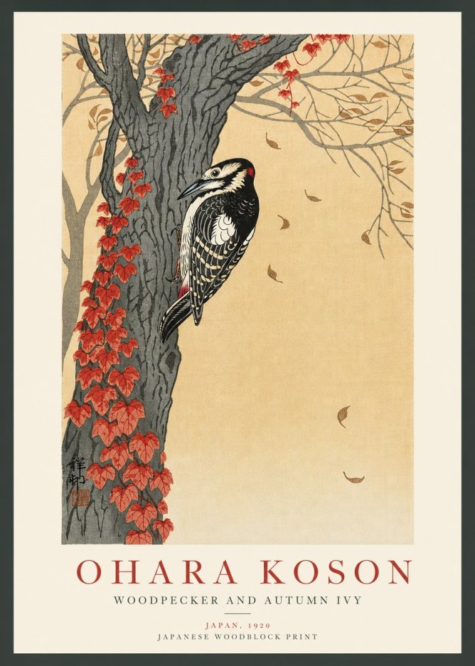 Ohara Koson Woodpecker and Autumn Ivy No3 - Póster