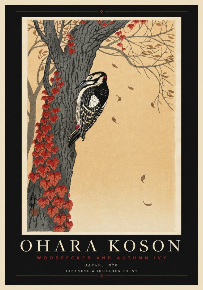Ohara Koson Woodpecker and Autumn Ivy No6 - Póster