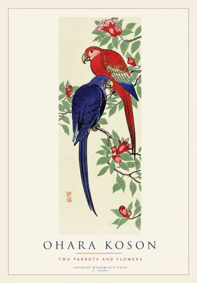 Ohara Koson Two Parrots and Flowers No1 - Póster