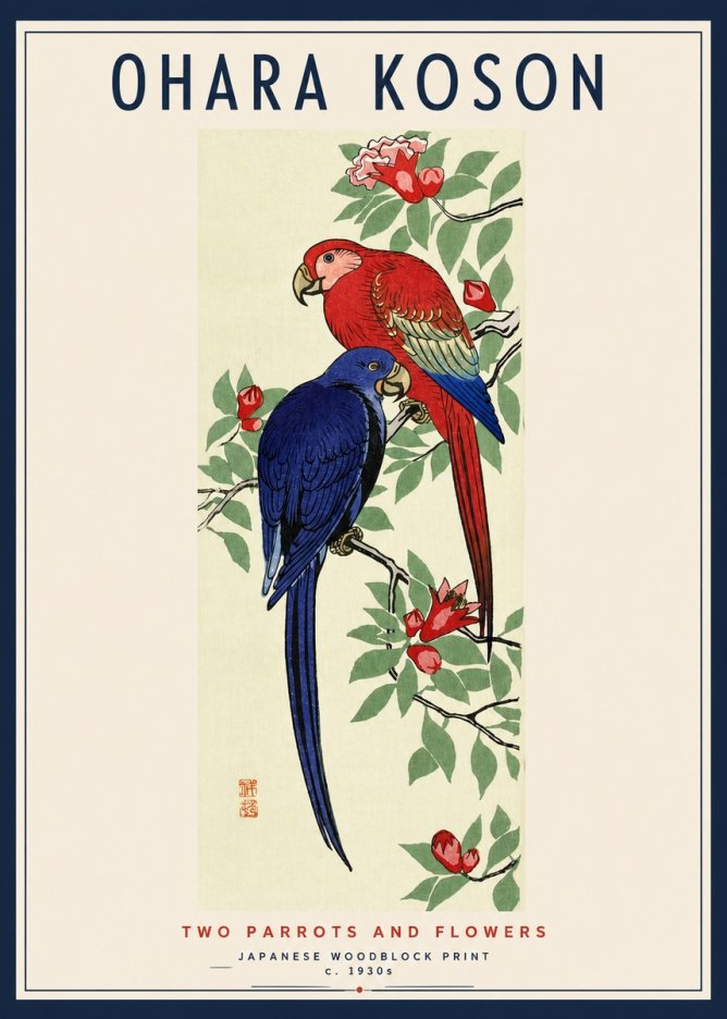 Ohara Koson Two Parrots and Flowers No3 - Póster