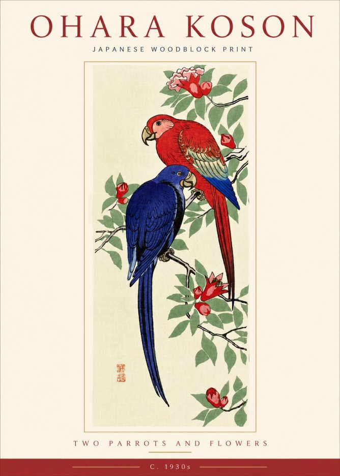 Ohara Koson Two Parrots and Flowers No4 - Póster