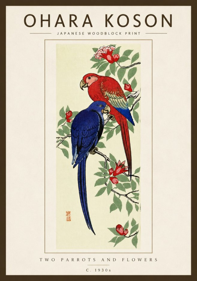 Ohara Koson Two Parrots and Flowers No5 - Póster