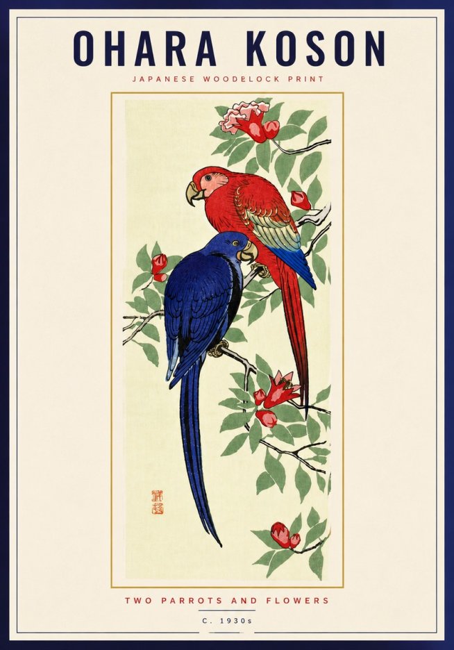 Ohara Koson Two Parrots and Flowers No6 - Póster