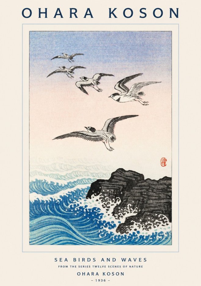 Ohara Koson Sea Birds and Waves No1 - Póster