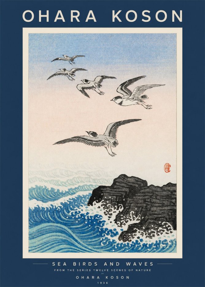 Ohara Koson Sea Birds and Waves No2 - Póster