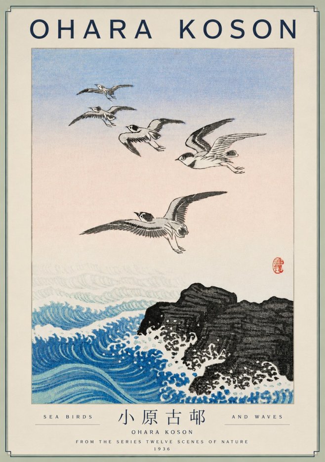Ohara Koson Sea Birds and Waves No4 - Póster