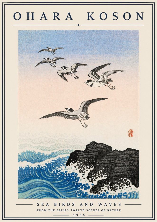 Ohara Koson Sea Birds and Waves No6 - Póster