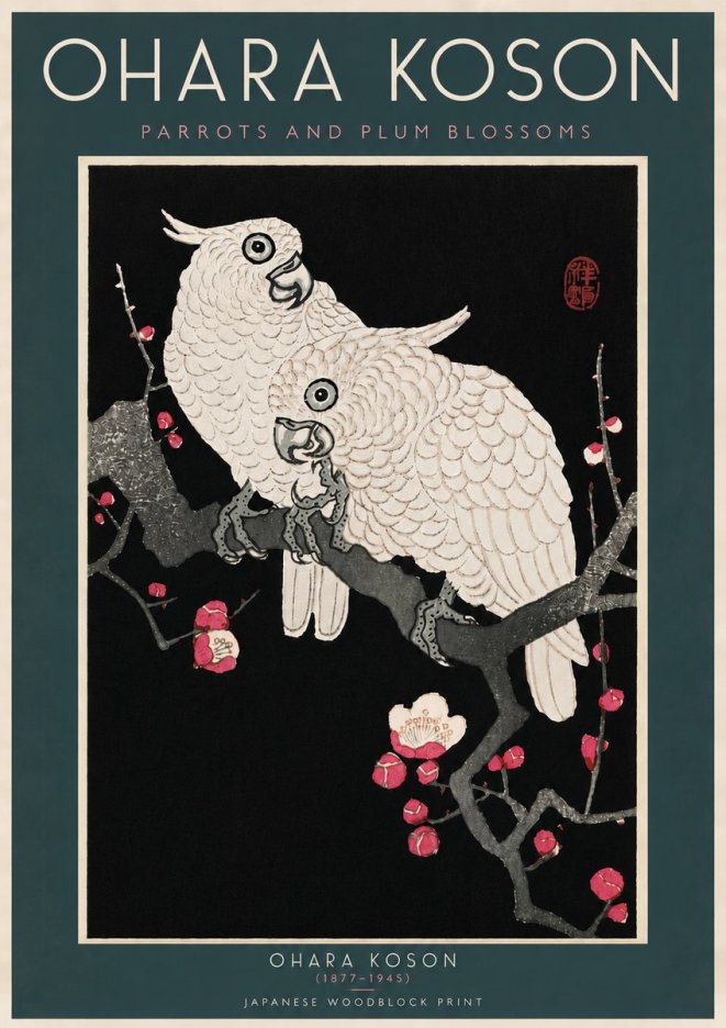 Ohara Koson Parrots and Plum Blossoms No6 - Póster