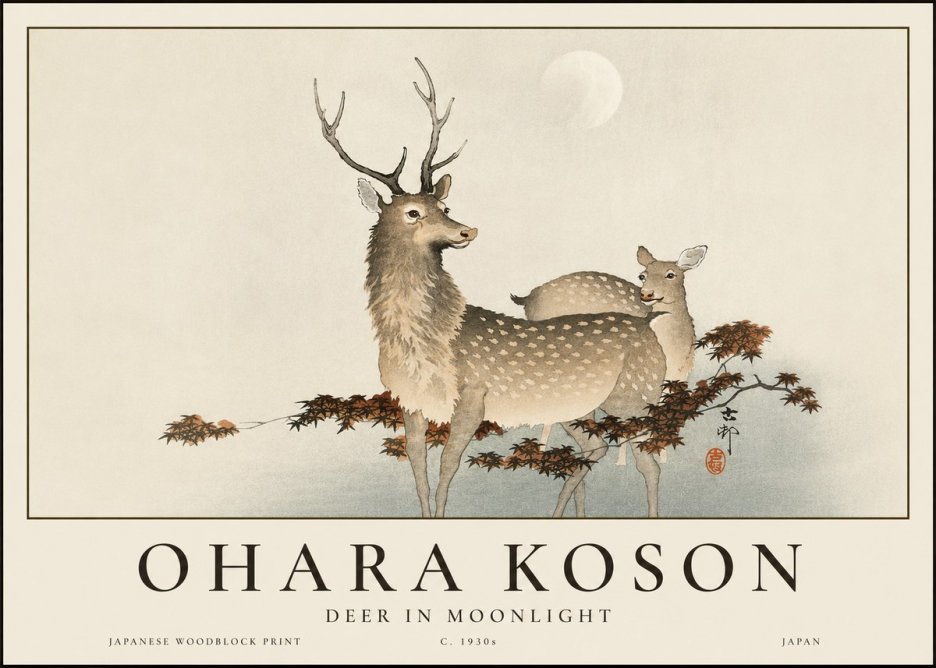 Ohara Koson Deer in Moonlight No3 - Póster