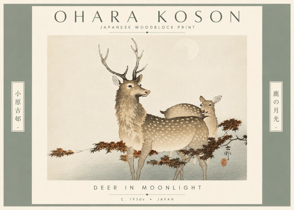 Ohara Koson Deer in Moonlight No4 - Póster