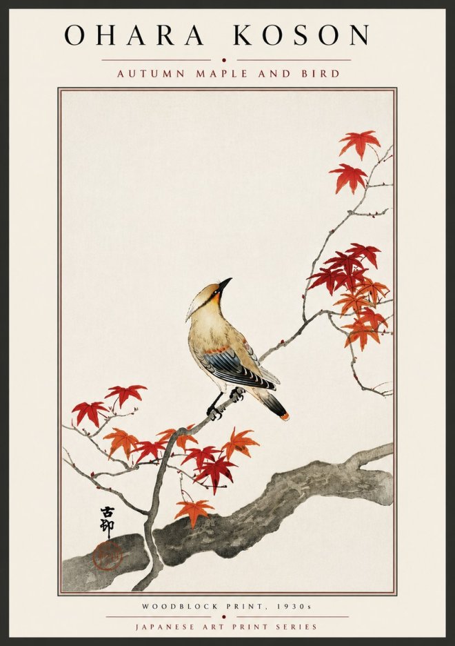 Ohara Koson Autumn Maple and Bird No6 - Póster