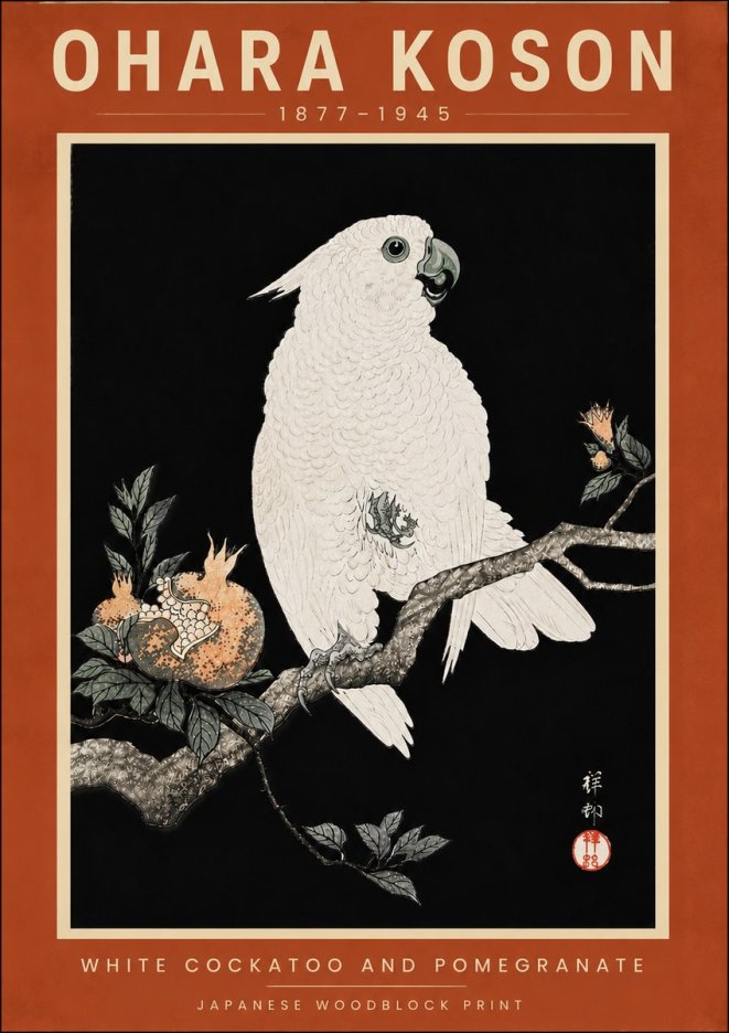 Ohara Koson White Cockatoo and Pomegranate II No6 - Póster