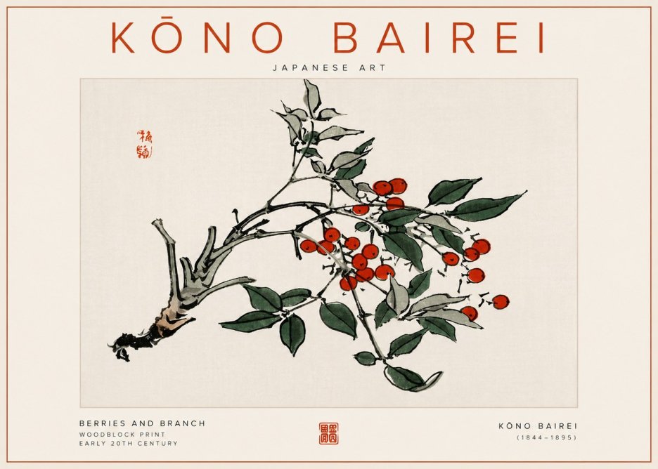 Kōno Bairei Berries and Branch No5 - Póster