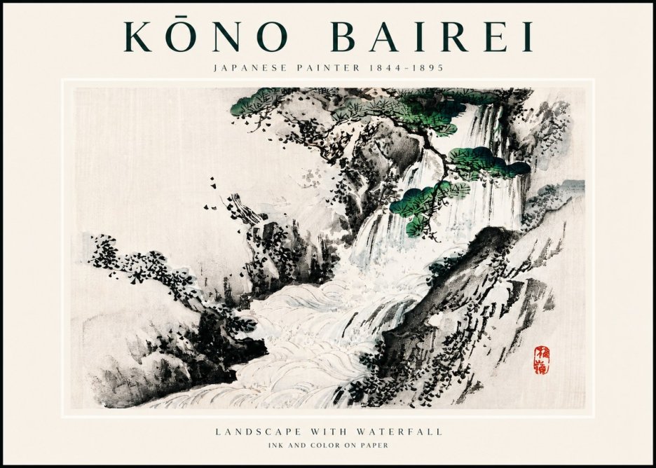 Kōno Bairei Landscape with Waterfall No3 - Póster