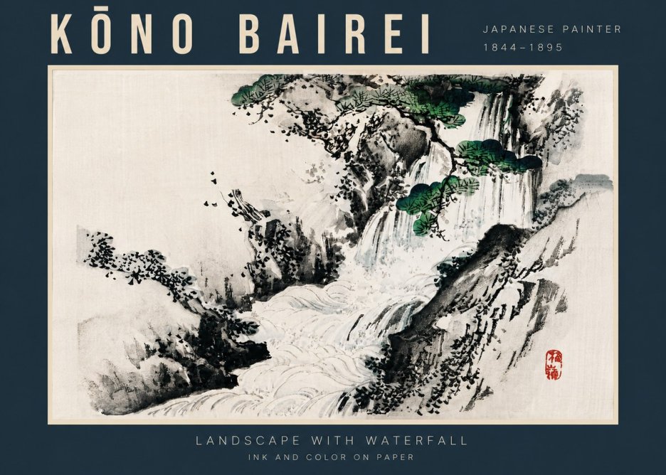 Kōno Bairei Landscape with Waterfall No4 - Póster