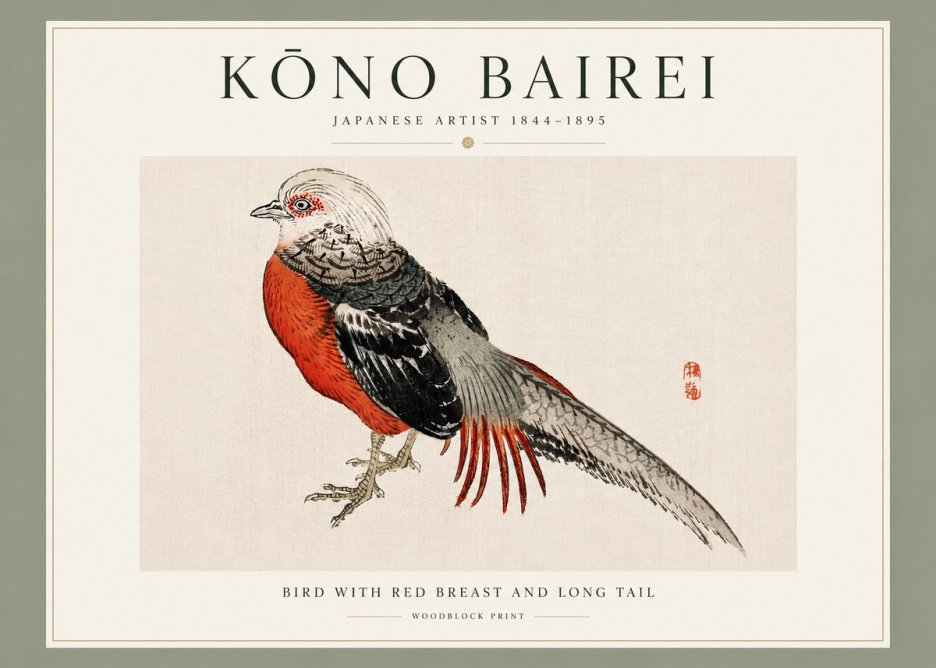 Kōno Bairei Bird with Red Breast and Long Tail No3 - Póster
