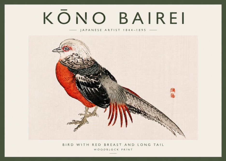 Kōno Bairei Bird with Red Breast and Long Tail No6 - Póster
