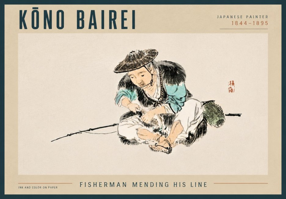 Kōno Bairei Fisherman Mending His Line No4 - Póster