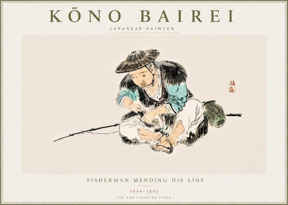 Kōno Bairei Fisherman Mending His Line No5 - Póster