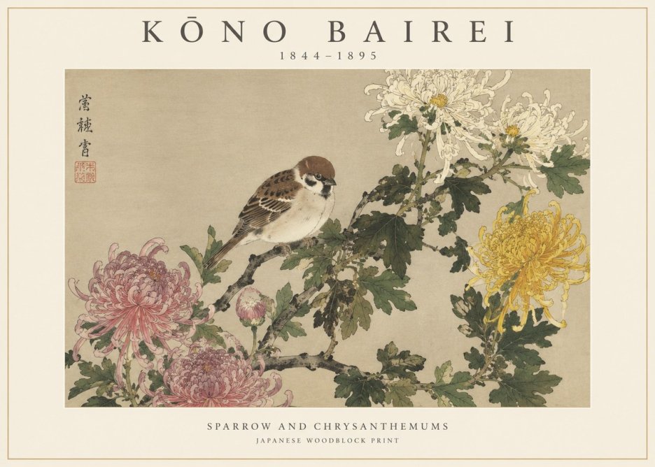 Kōno Bairei Sparrow and Chrysanthemums No1 - Póster