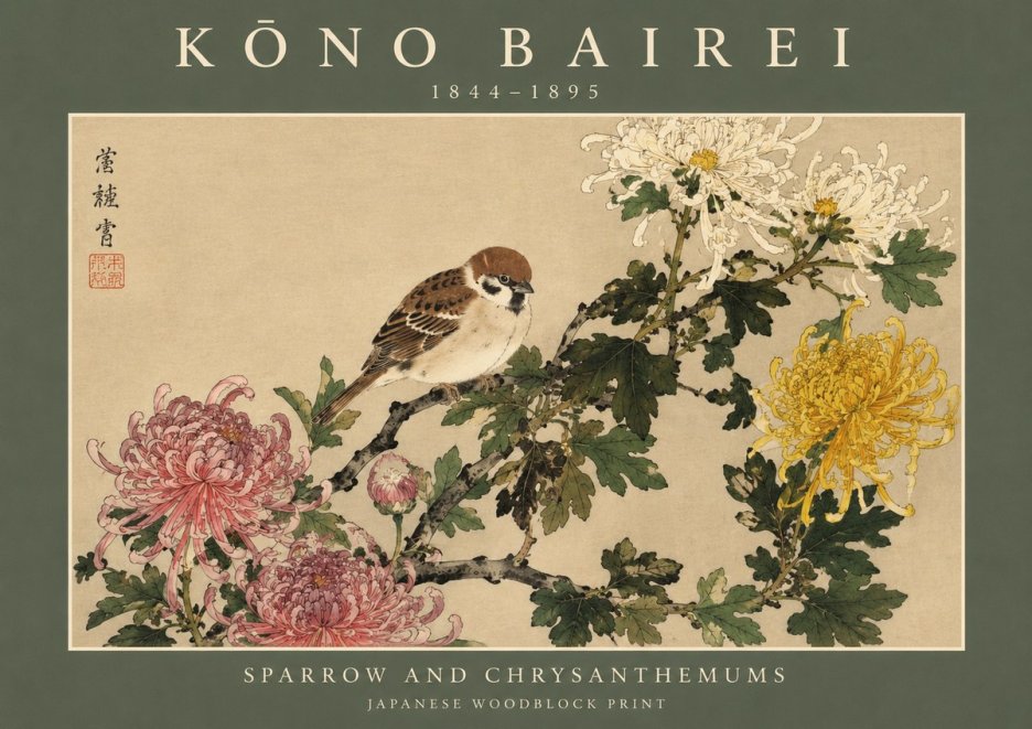 Kōno Bairei Sparrow and Chrysanthemums No2 - Póster