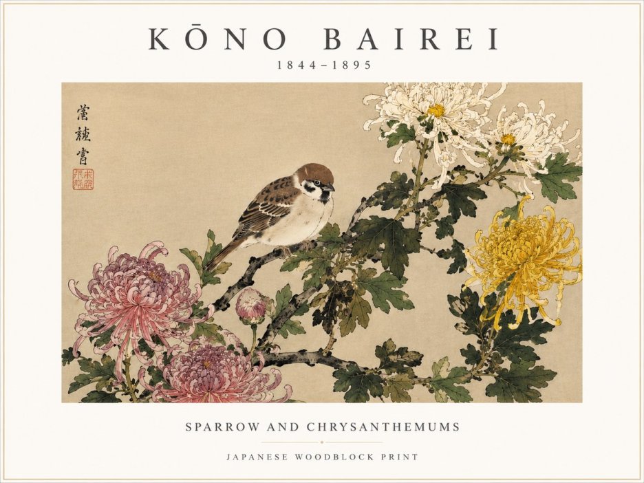 Kōno Bairei Sparrow and Chrysanthemums No3 - Póster