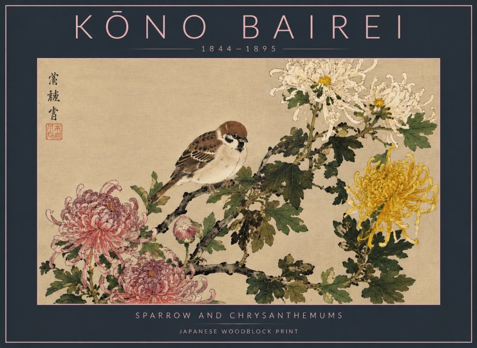 Kōno Bairei Sparrow and Chrysanthemums No4 - Póster