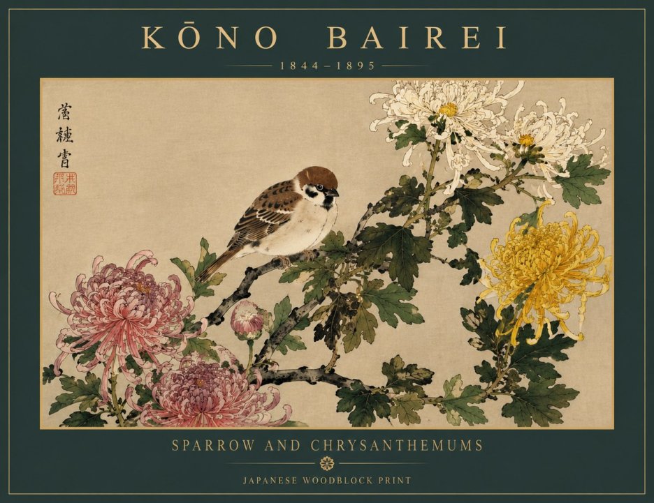 Kōno Bairei Sparrow and Chrysanthemums No5 - Póster