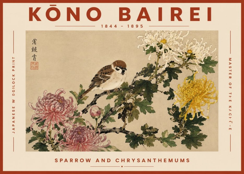 Kōno Bairei Sparrow and Chrysanthemums No6 - Póster