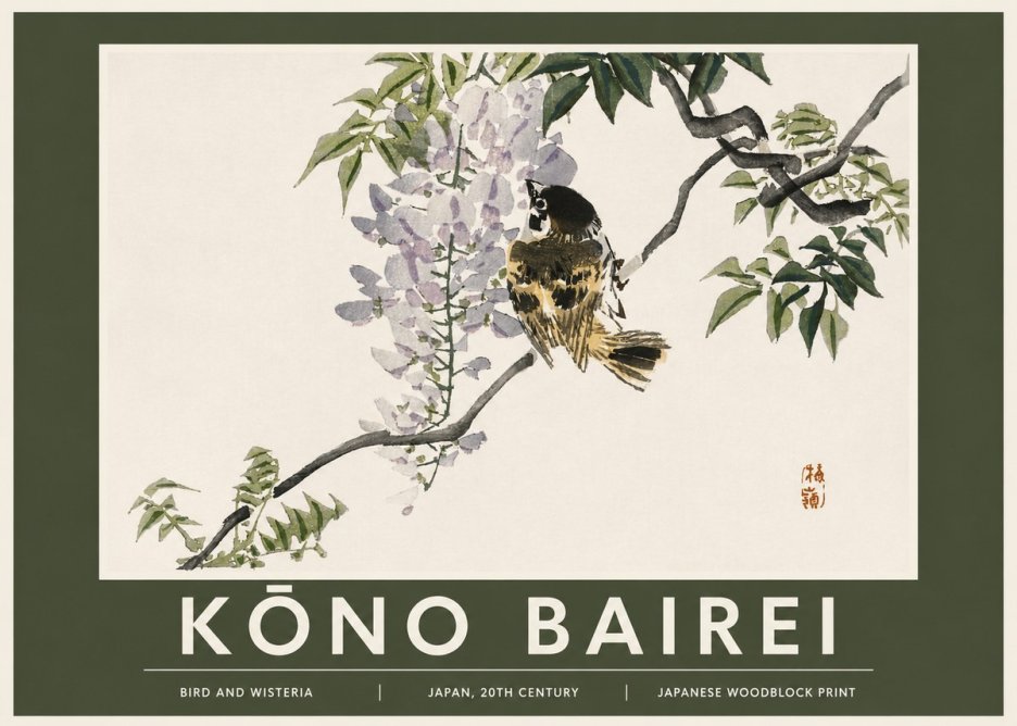 Kōno Bairei Wisteria and Bird No3 - Póster