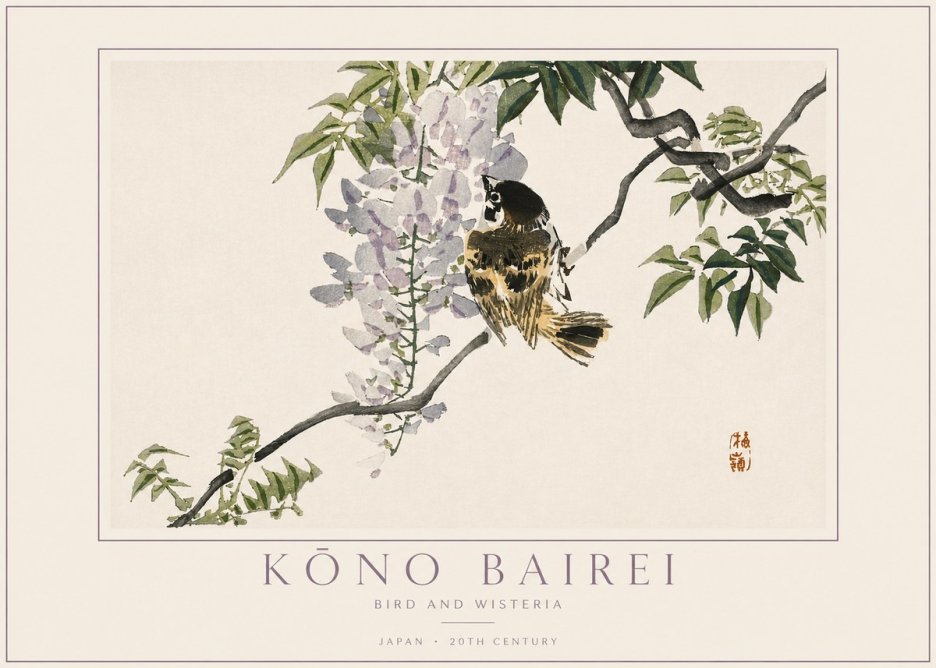Kōno Bairei Wisteria and Bird No4 - Póster