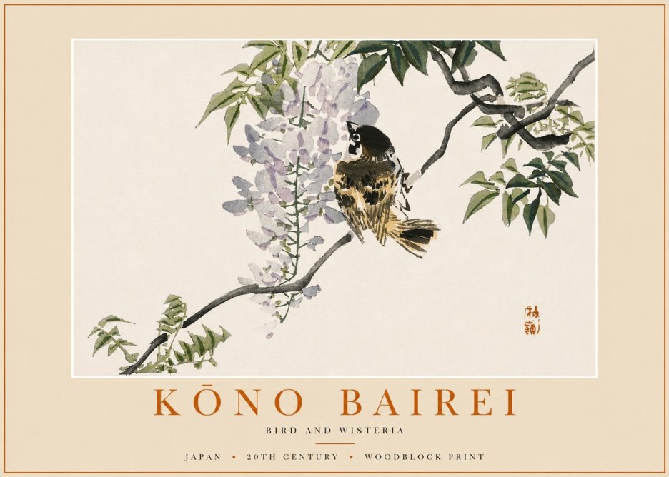 Kōno Bairei Wisteria and Bird No6 - Póster