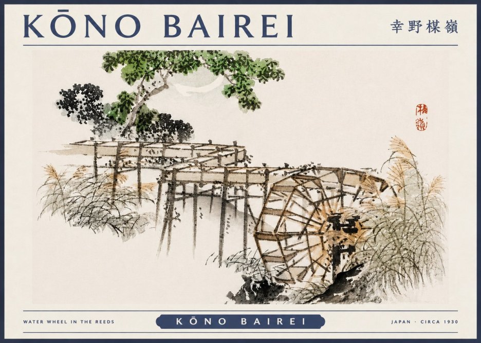 Kōno Bairei Water Wheel in the Reeds No3 - Póster