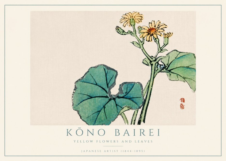Kōno Bairei Yellow Flowers and Leaves No4 - Póster