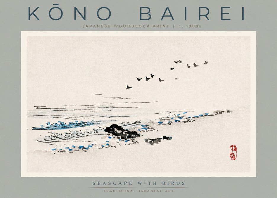 Kōno Bairei Seascape with Birds No3 - Póster