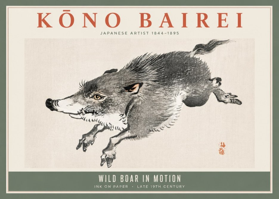 Kōno Bairei Wild Boar in Motion No5 - Póster