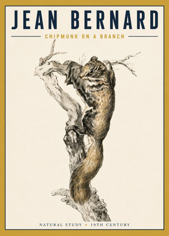 Jean Bernard Study of a Squirrel Climbing a Branch No5 - Póster