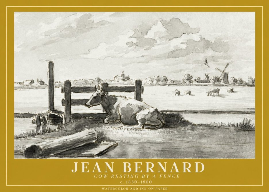 Jean Bernard Cow Resting by a Fence No1 - Póster