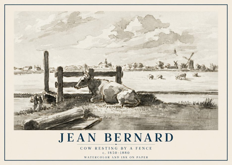 Jean Bernard Cow Resting by a Fence No2 - Póster