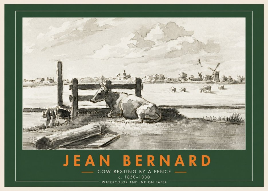Jean Bernard Cow Resting by a Fence No3 - Póster