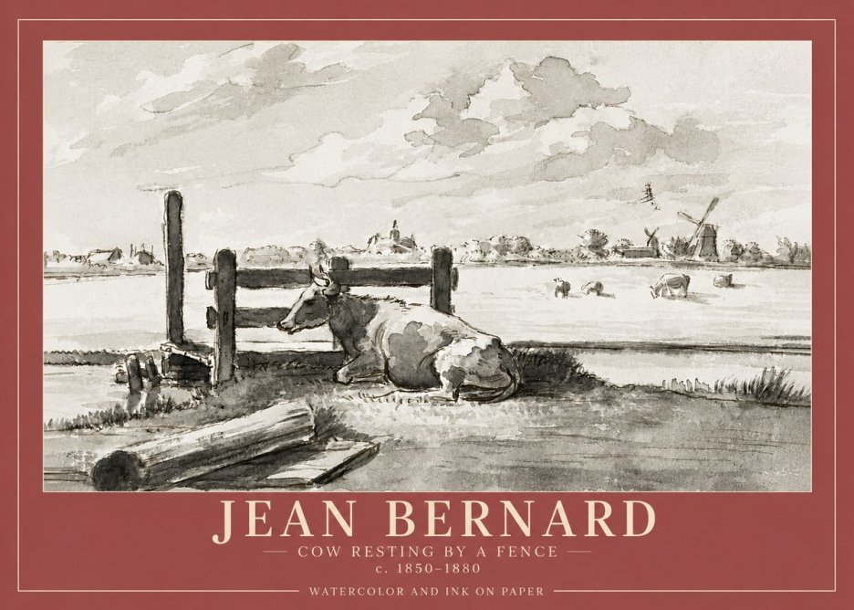 Jean Bernard Cow Resting by a Fence No4 - Póster