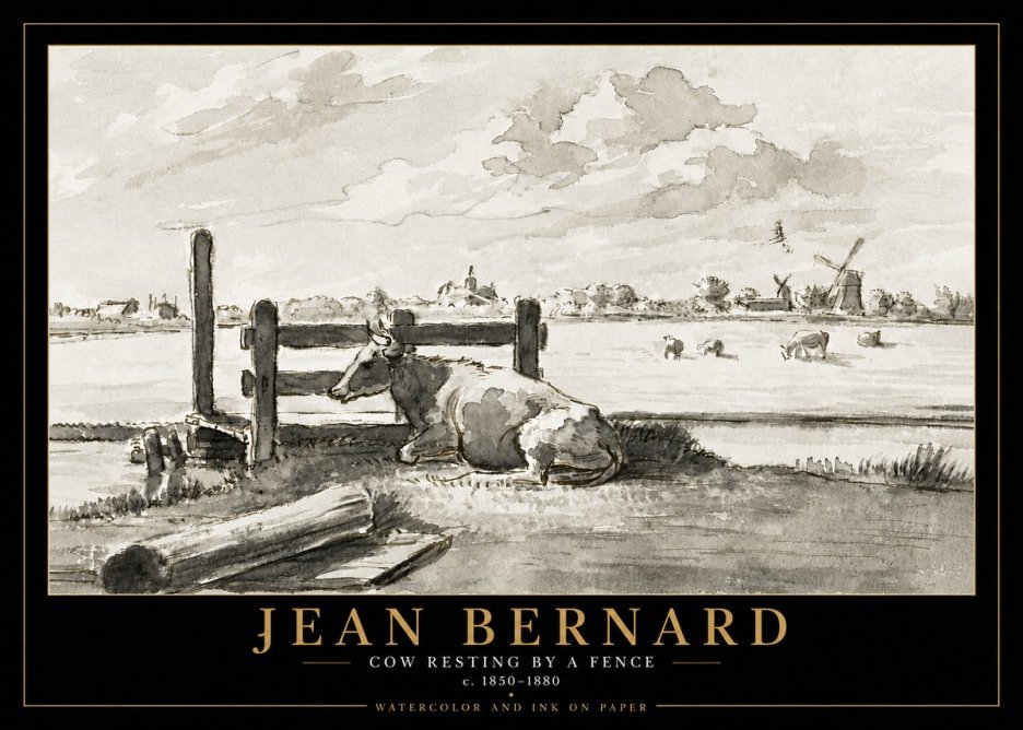 Jean Bernard Cow Resting by a Fence No5 - Póster