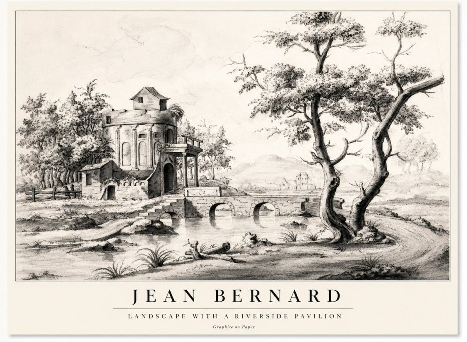 Jean Bernard Riverside Landscape with Bridge and Tower No2 - Póster