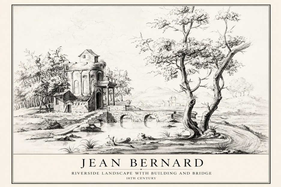 Jean Bernard Riverside Landscape with Bridge and Tower No4 - Póster