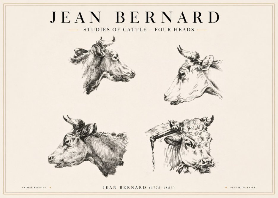 Jean Bernard Studies of Cattle - Four Heads No1 - Póster